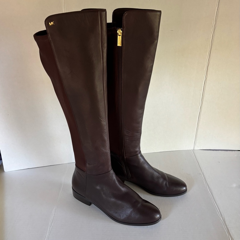 Michael Kors Over-the-Knee Brown Leather Riding Boots 9.5M Flat Stretch Back